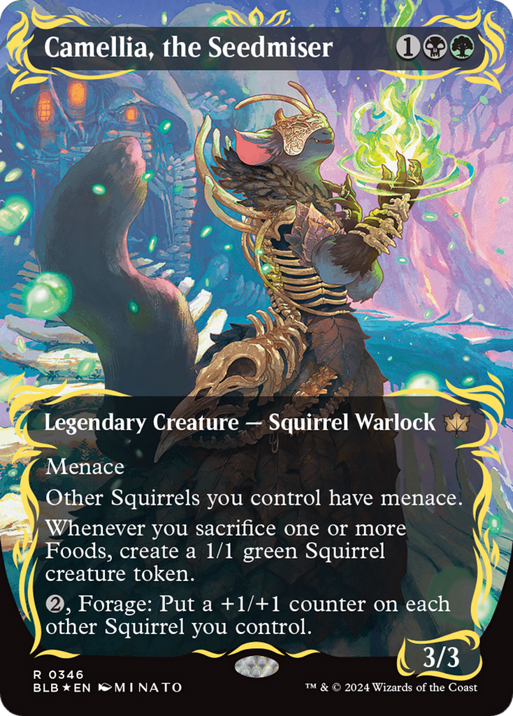 mtg cards with squirrels in the art Mr. Squeakers, Squirrel Ninja Card The fonts open sourced and or properly commercially licensed Camellia, the Seedmiser (Borderless) (Raised