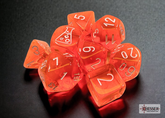 Chessex 30060 Translucent Neon Orange/white Polyhedral 7-Die Set (with bonus die)