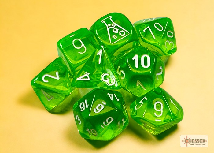 Chessex 30062 Translucent Rad Green/white Polyhedral 7-Die Set (with bonus die)