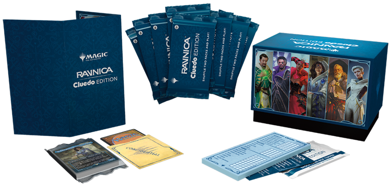 MTG Return to Ravnica: Cluedo Edition - 2-4 Player Murder Mystery Card Game (8 Ready-to-Play Boosters, 21 Evidence Cards, 1 Foil Shock Land, and Detective Game Accessories)