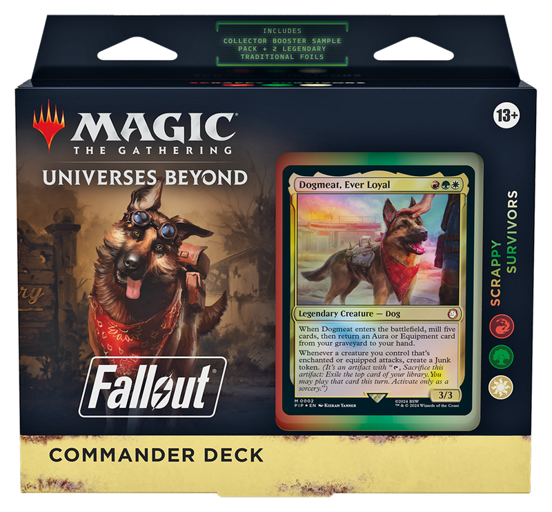 MTG Universes Beyond: Fallout Commander Deck - Scrappy Survivors (100-Card Deck, 2-Card Collector Booster Sample Pack + Accessories)