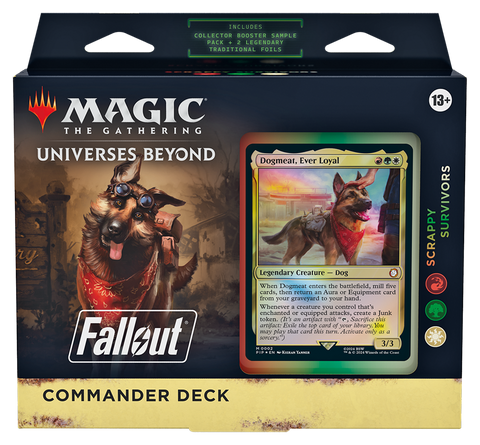MTG Universes Beyond: Fallout Commander Deck - Scrappy Survivors (100-Card Deck, 2-Card Collector Booster Sample Pack + Accessories)