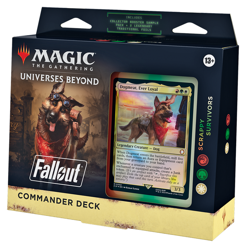 MTG Universes Beyond: Fallout Commander Deck - Scrappy Survivors (100-Card Deck, 2-Card Collector Booster Sample Pack + Accessories)