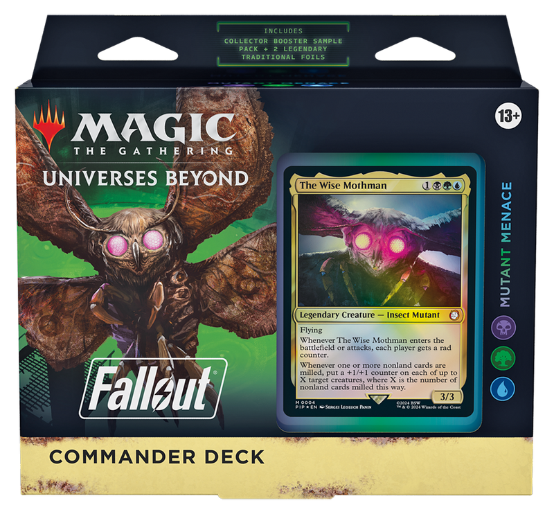 MTG Universes Beyond: Fallout Commander Deck – Mutant Menace (100-Card Deck, 2-Card Collector Booster Sample Pack + Accessories)