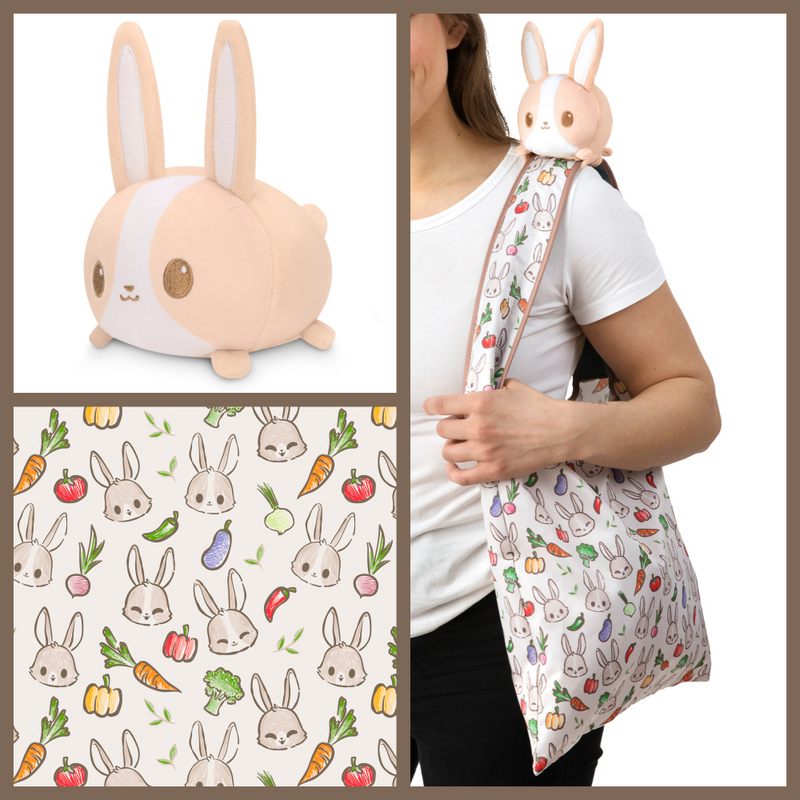 TeeTurtle Plushie Tote Bag - Light Brown Bunnies & Veggies Tote Bag + Light Brown Bunny Plushie