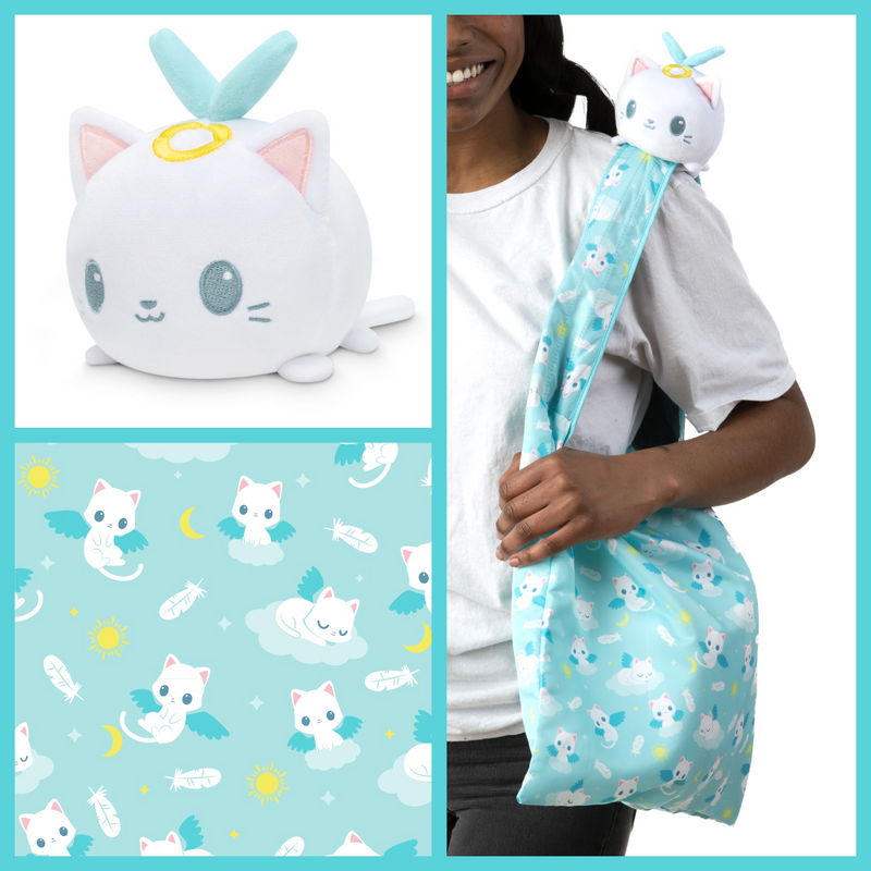 TeeTurtle Plushie Tote Bag - Light Blue Angel Cats Tote Bag + White Angel Cat Plushie