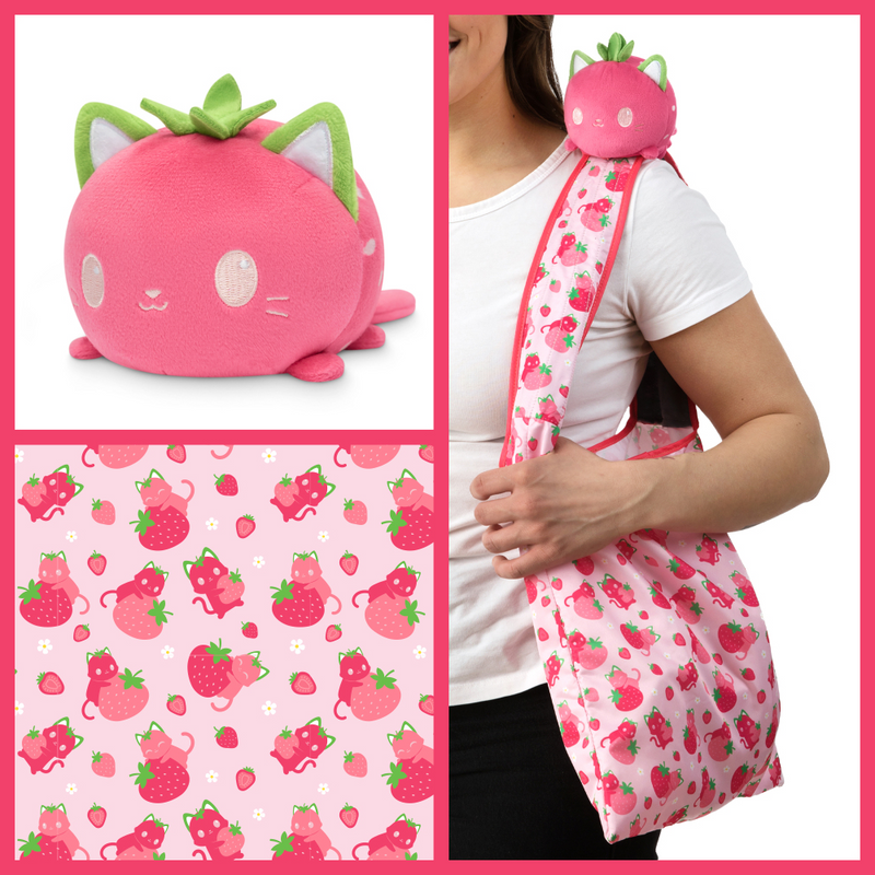 TeeTurtle Plushie Tote Bag - Pink Strawberry Cats Tote Bag + Pink Strawberry Cat Plushie