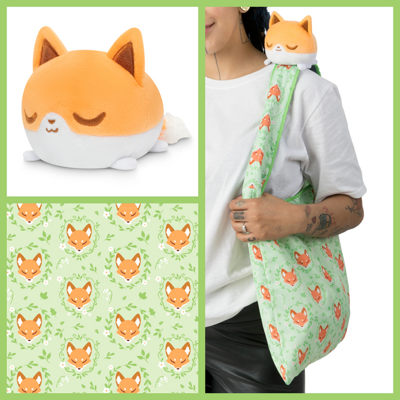 TeeTurtle Plushie Tote Bag - Light Green Floral Fox Tote Bag + Orange Fox Plushie