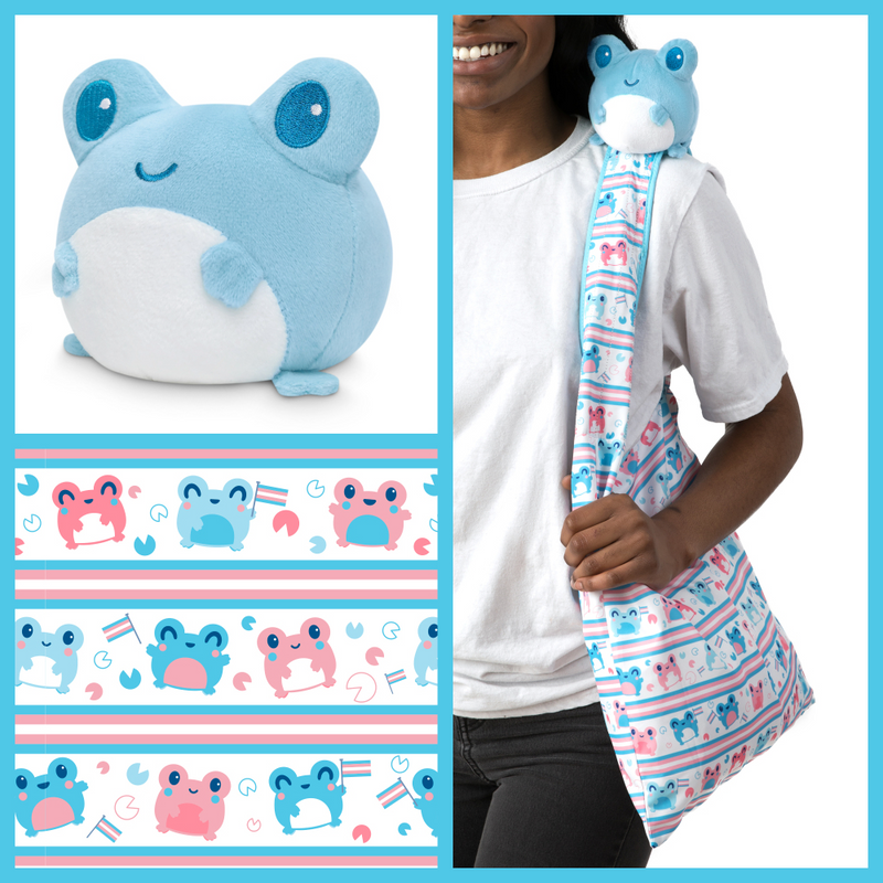 TeeTurtle Plushie Tote Bag - White Transgender Pride Tote Bag + Blue Frog Plushie