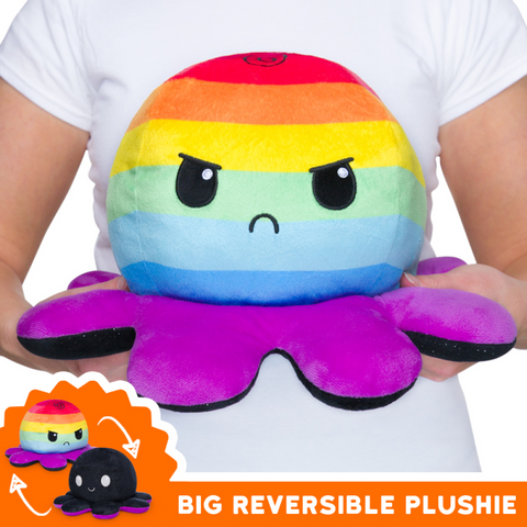 TeeTurtle: Reversible Octopus Plushie - Happy Black Sparkles/Angry Rainbow Stripes
