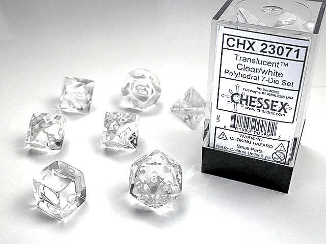 Chessex 23071 Translucent 7-die Set Clear W/White Dice Set [7ct]