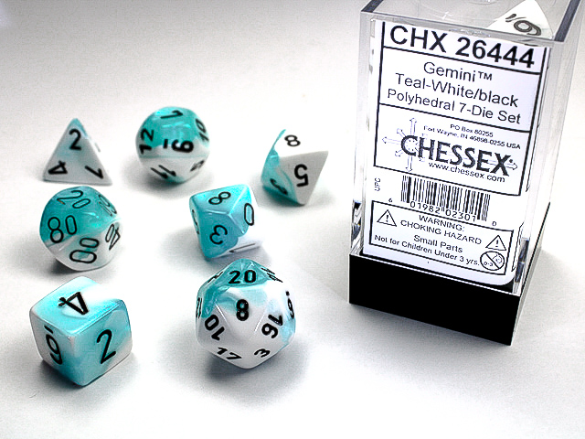 Chessex 26444 Gemini 7-die Set Teal-white/Black Dice Set [7ct]