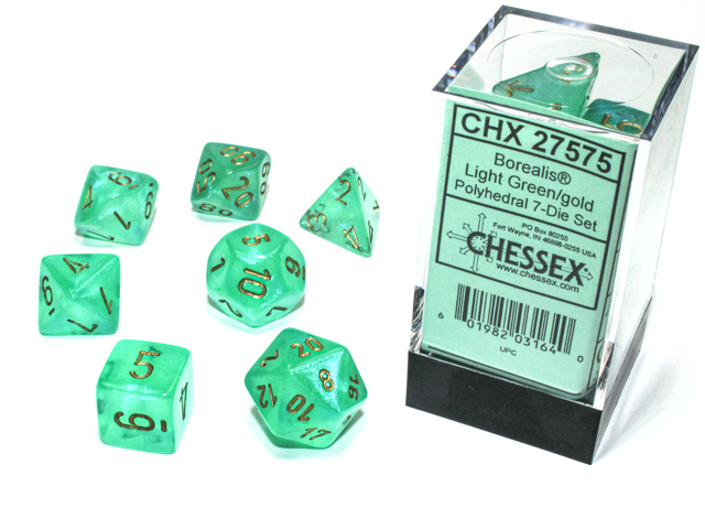 Chessex 27575 Borealis 7-die Set Light Green/Gold Luminary Dice Set [7ct]