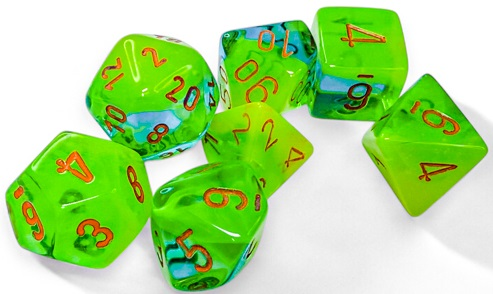 Chessex 26470 Gemini 7-die Set Plasma Green-teal/Orange Luminary Dice Set [7ct]