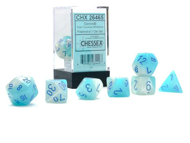 Chessex 26465 Gemini Pearl Turquoise-White/Blue Luminary RPG Polyhedral Dice Set [7ct]