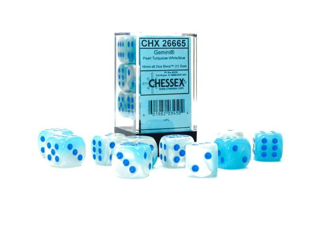 Chessex 26665 Gemini Pearl Turquoise-White/Blue Luminary 16mm d6 Dice Block [12ct]