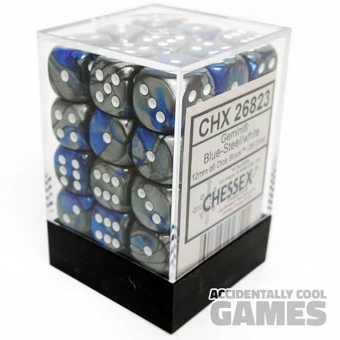 Chessex 26823 Gemini Blue-Steel/White12mm d6 Dice Block [36ct]