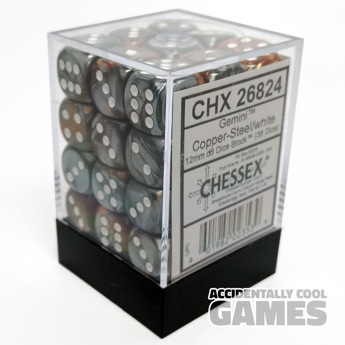 Chessex 26824 Gemini Copper-Steel/White 12mm d6 Dice Block [36ct]