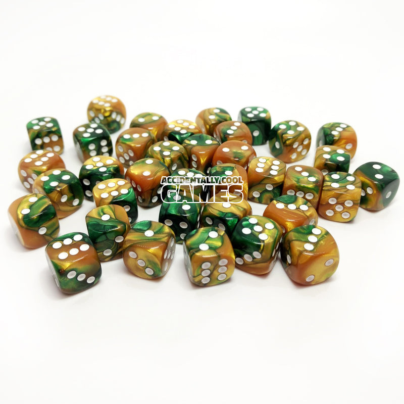 Chessex 26825 Gemini Gold-Green/White 12mm d6 Dice Block [36ct]