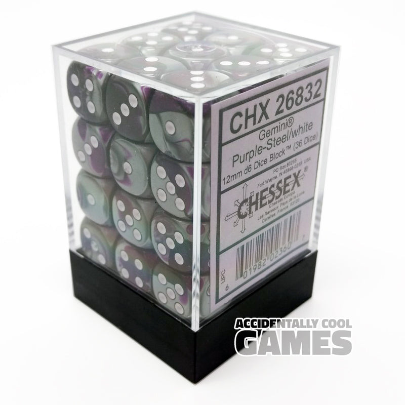 Chessex 26832 Gemini Purple-Steel/White 12mm d6 Dice Block [36ct]