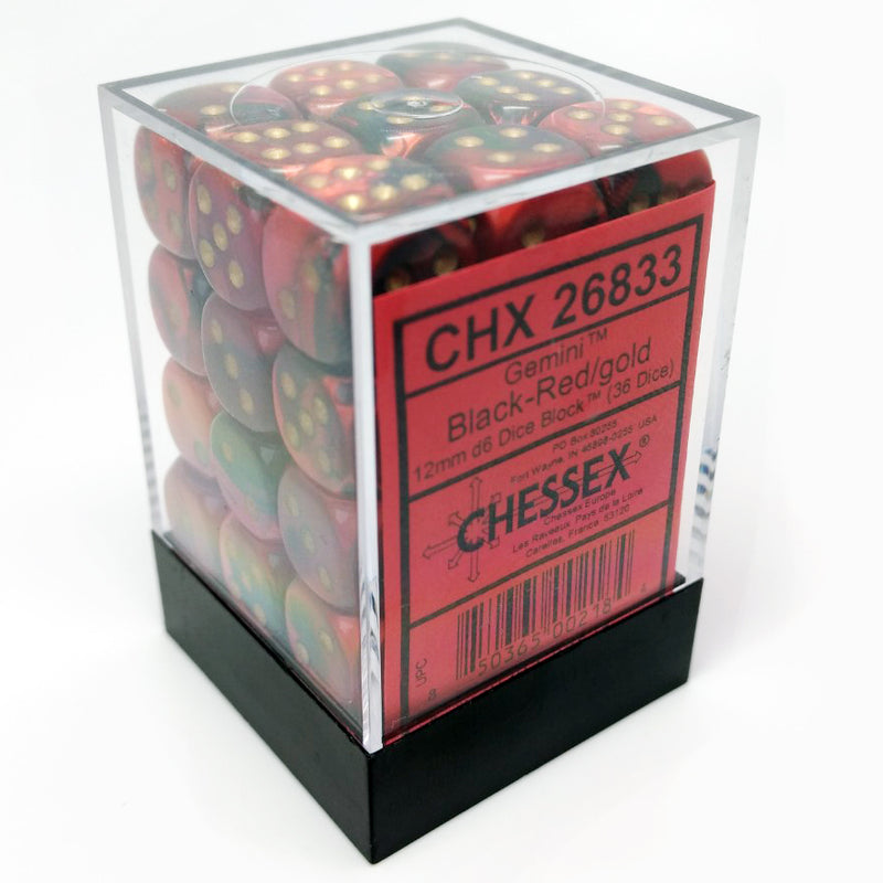 Chessex 26833 Gemini Black-Red/Gold 12mm d6 Dice Block [36ct]