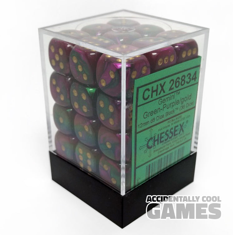 Chessex 26834 Gemini Green-Purple/Gold 12mm d6 Dice Block [36ct]
