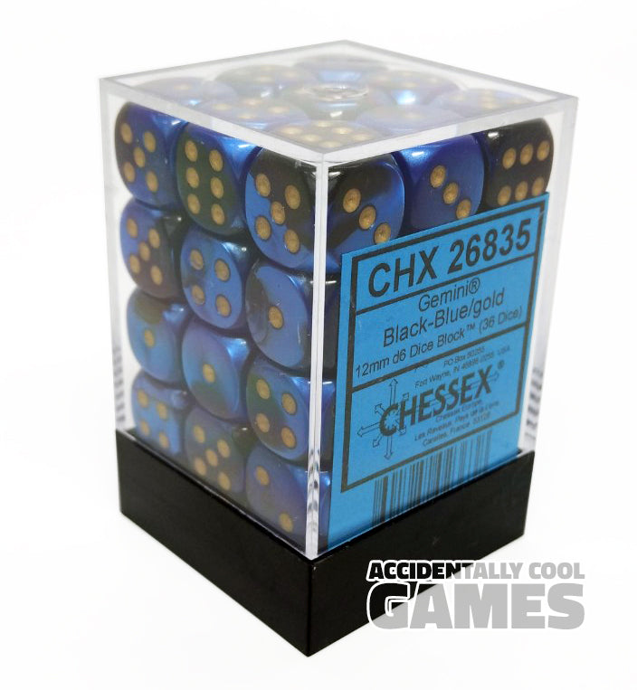Chessex 26835 Gemini Black-Blue/Gold 12mm d6 Dice Block [36ct]