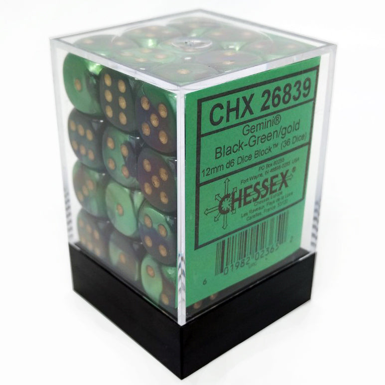 Chessex 26839 Gemini Black-Green/Gold 12mm d6 Dice Block [36ct]