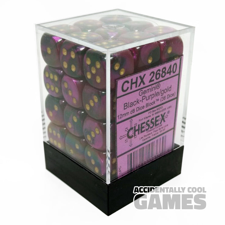 Chessex 26840 Gemini Black-Purple/Gold 12mm d6 Dice Block [36ct]