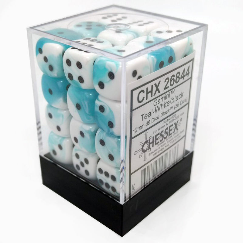 Chessex 26844 Gemini Teal-White/Black 12mm d6 Dice Block [36ct]