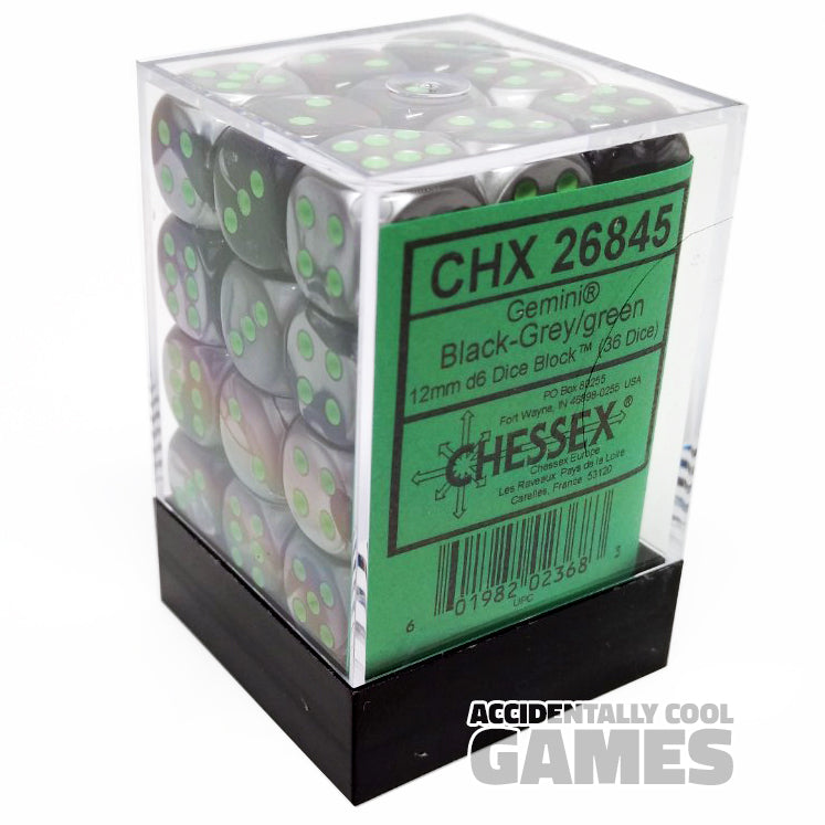 Chessex 26845 Gemini Black-Grey/Green 12mm d6 Dice Block [36ct]