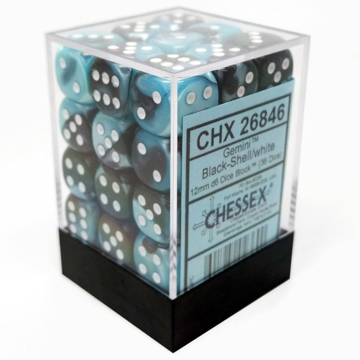 Chessex 26846 Gemini Black-Shell/White 12mm d6 Dice Block [36ct]