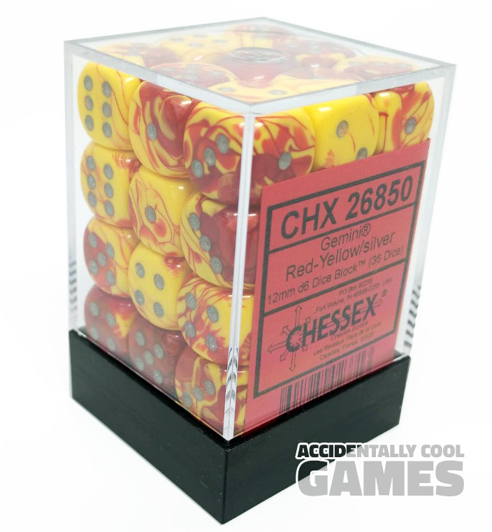 Chessex 26850 Gemini Red-Yellow/Silver 12mm d6 Dice Block [36ct]