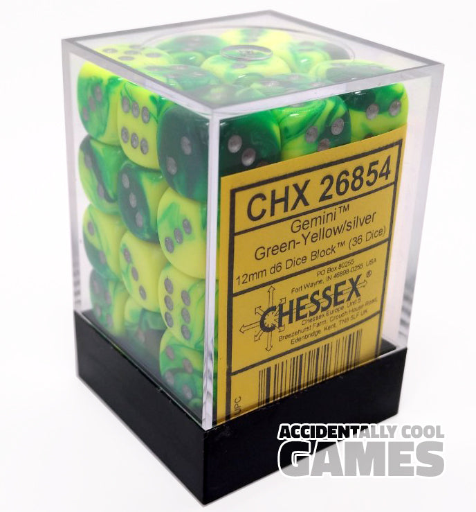 Chessex 26854 Gemini Green-Yellow/Silver 12mm d6 Dice Block [36ct]