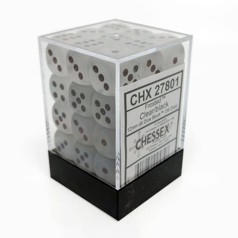 Chessex 27801 Frosted Clear/Black 12mm d6 Dice Block [36ct]