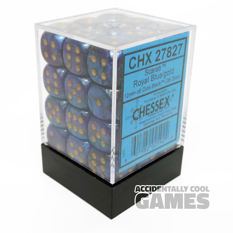 Chessex 27827 Scarab Royal Blue/Gold 12mm d6 Dice Block [36ct]