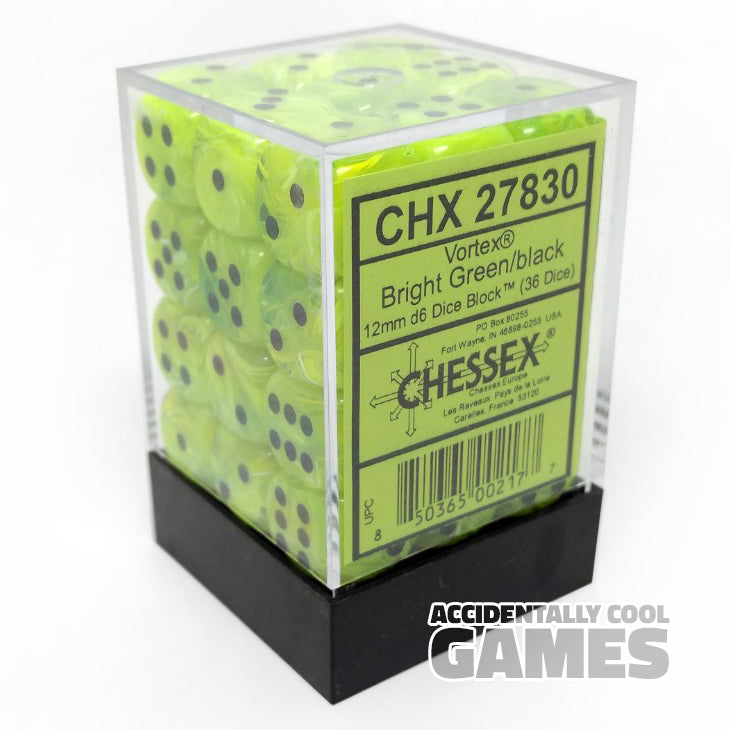 Chessex 27830 Vortex Bright Green/Black 12mm d6 Dice Block [36ct]