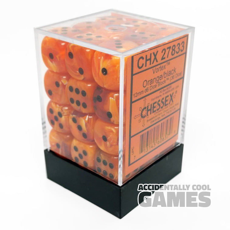 Chessex 27833 Vortex Orange/Black 12mm d6 Dice Block [36ct]