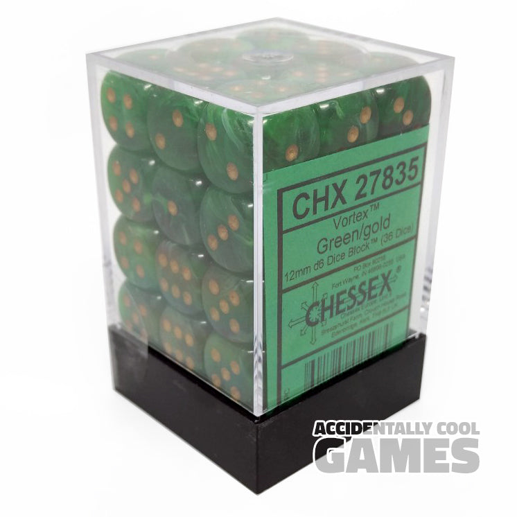 Chessex 27835 Vortex Green/Gold 12mm d6 Dice Block [36ct]