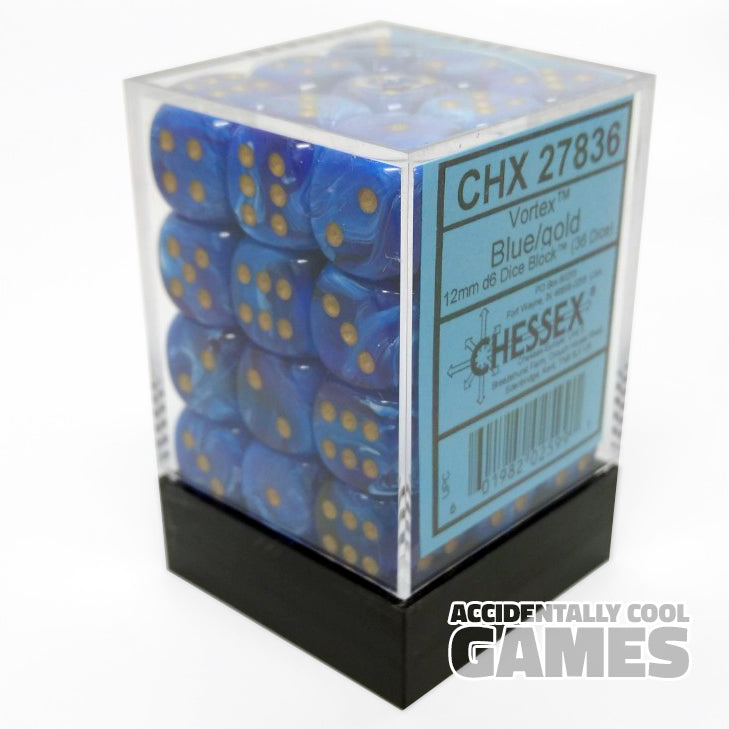 Chessex 27836 Vortex Blue/Gold 12mm d6 Dice Block [36ct]