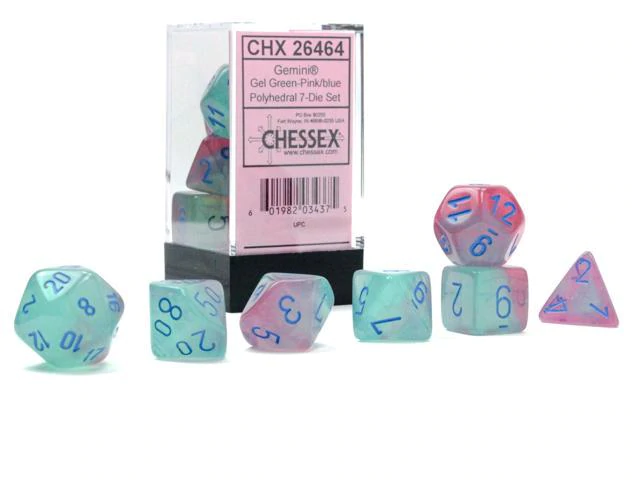 Chessex 26464 Gemini Gel Green-Pink/Blue Luminary RPG Polyhedral Dice Set [7ct]