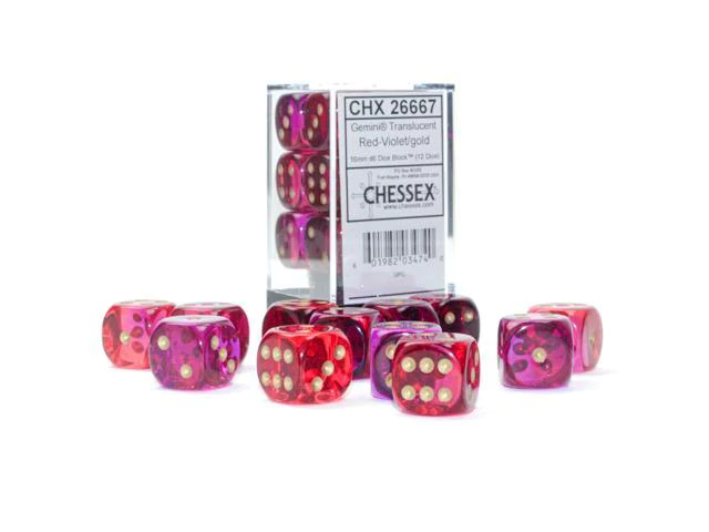 Chessex 26667 Gemini Translucent Red-Violet/Gold 16mm d6 Dice Block [12ct]