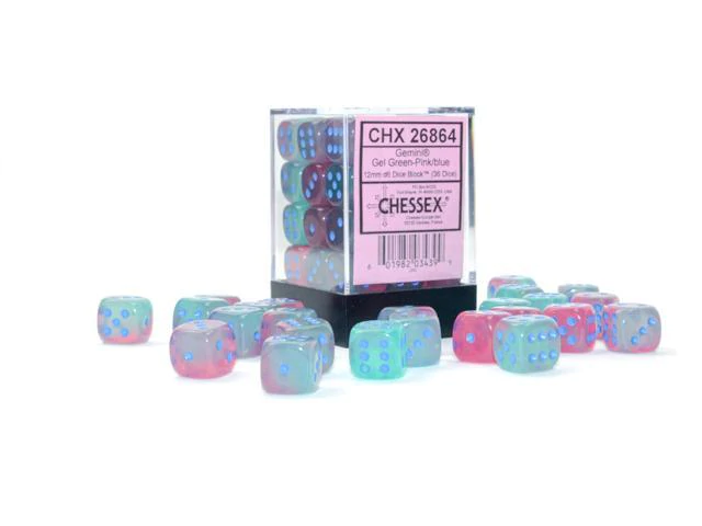 Chessex 26864 Gemini Gel Green-Pink/Blue Luminary 12mm d6 Dice Block [36ct]