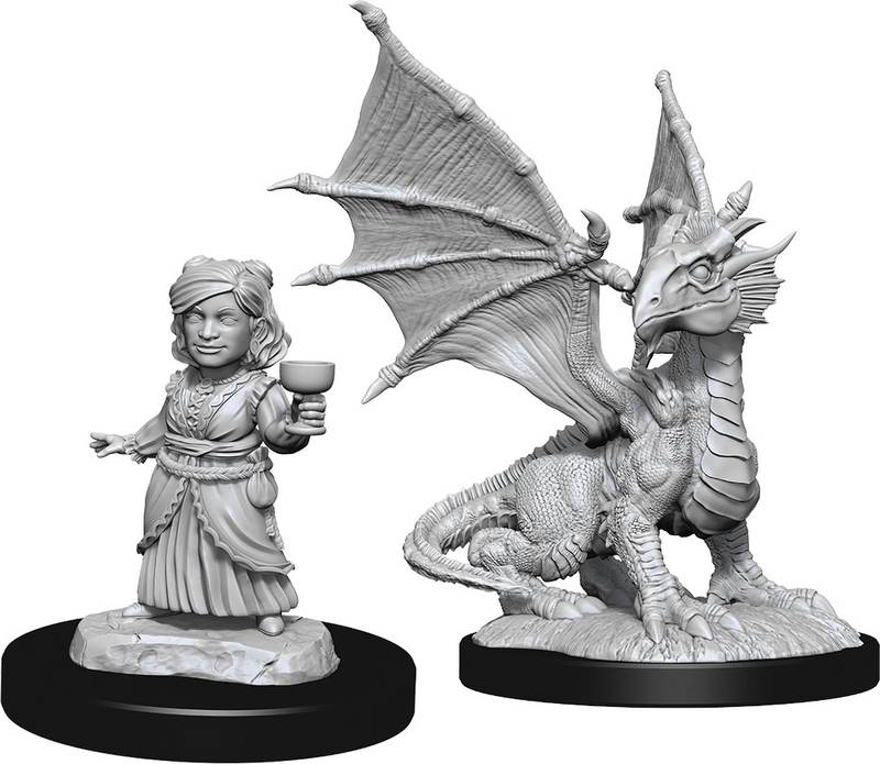 D&D Nolzur's Marvelous Miniatures: W13 Silver Dragon Wyrmling & Halfling Dragon Friend [Unpainted]