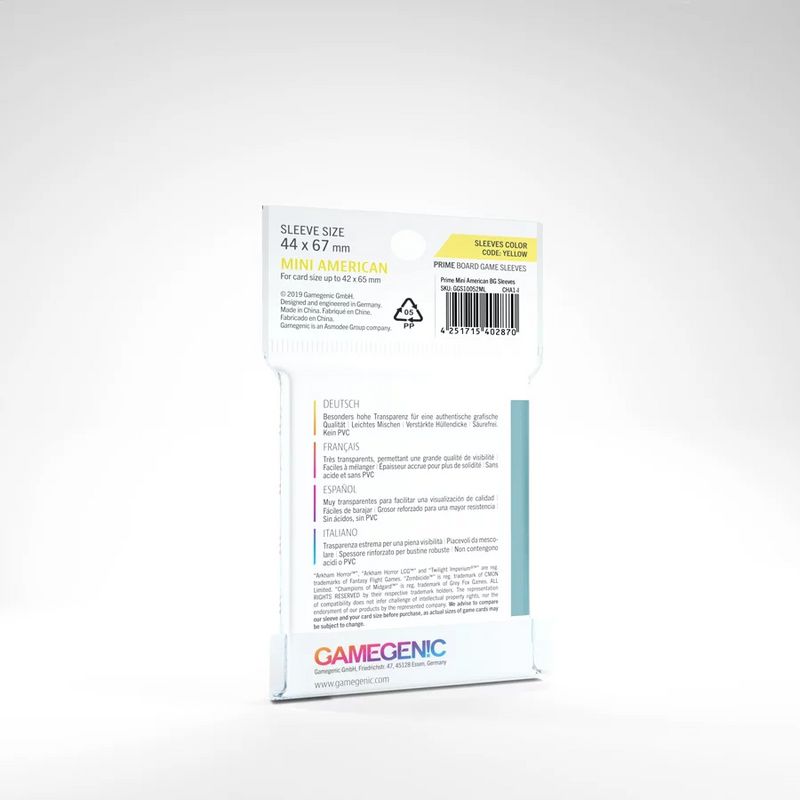 Gamegenic Prime Board Game Sleeves - YELLOW: Mini American (44mm x 67mm) [50ct]