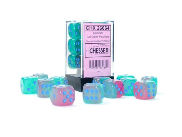Chessex 26664 Gemini Gel Green-Pink/Blue Luminary 16mm d6 Dice Block [12ct]