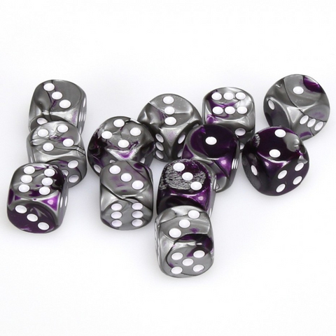Chessex 26632 Gemini Purple-Steel/White 16mm d6 Dice Block [12ct]