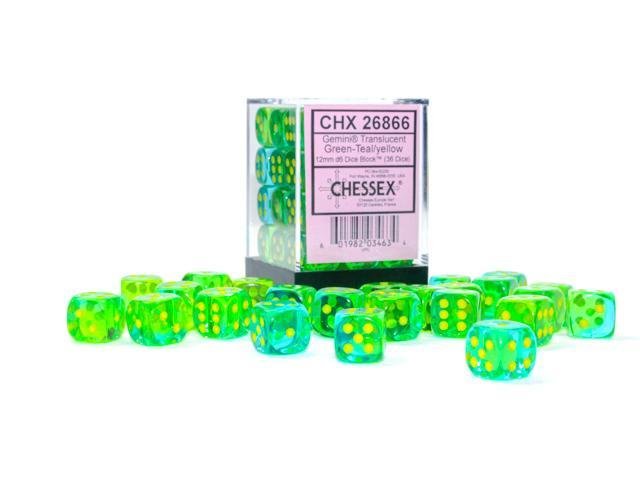 Chessex 26866 Translucent Green-Teal/Yellow 12mm d6 Dice Block [36ct]