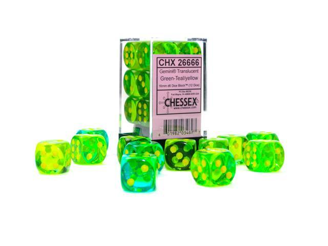 Chessex 26666 Gemini Translucent Green-Teal/Yellow 16mm d6 Dice Block [12ct]